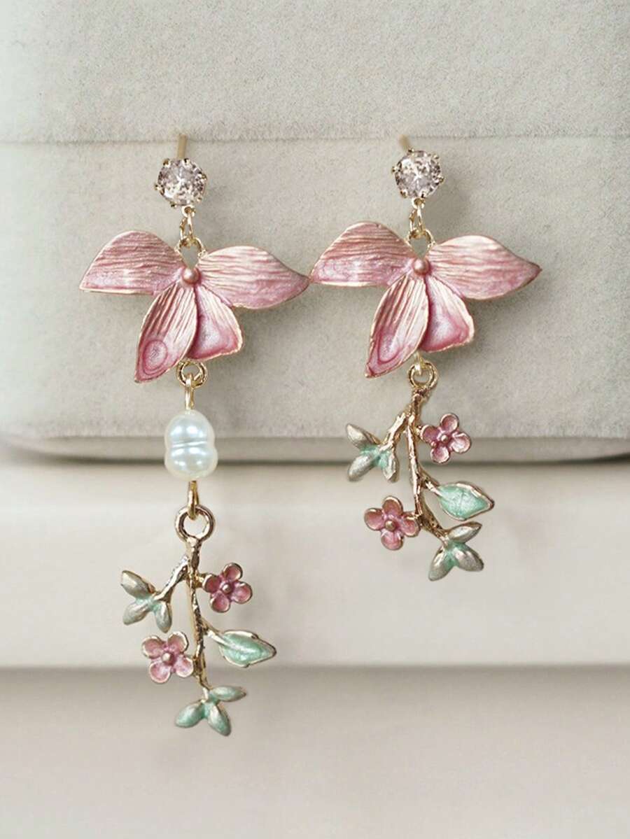 2pcs Flower Pearl Leaf Tassel Earrings, Fashion Sweet Cherry Blossom Earrings Suitable For Women Daily, Beach, Party, Anniversary Wear, Jewelry Gift - 彩色 - 查看 1