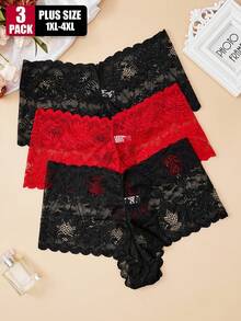 3 件大码女式内裤，舒适透气性感纯色蕾丝边高弹性