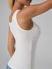 Women's Black Plain Lace Trim Decor Square Neck Camisole Spliced Tank Sleeveless Thin Vest Top - White - View 6