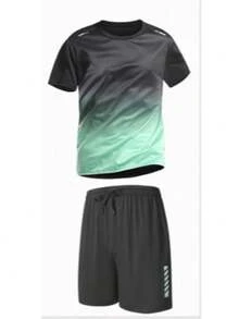 Conjunto de camiseta de manga corta y pantalones cortos de secado rápido estilo novio para entrenamiento de fitness y fútbol en verano, equipo deportivo de dos piezas estilo novio - Verde - Ver 3