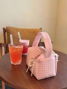1pc Pink Floral Woven Pattern Handbag, Portable Cosmetic Organizer Pouch (No Pendant)