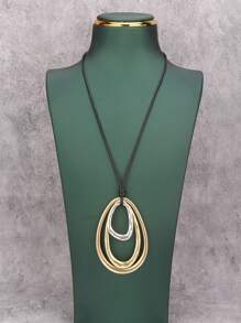 1 Stück modischer, eleganter ovaler, wassertropfenförmiger, übertriebener Metallkette, unisex multi-schleifiges asymmetrisches geometrisches Design, personalisierte Kette mit schwarzem Wachsseil und langer Kette, Geschenk für Freundin, Mutter oder Geliebte