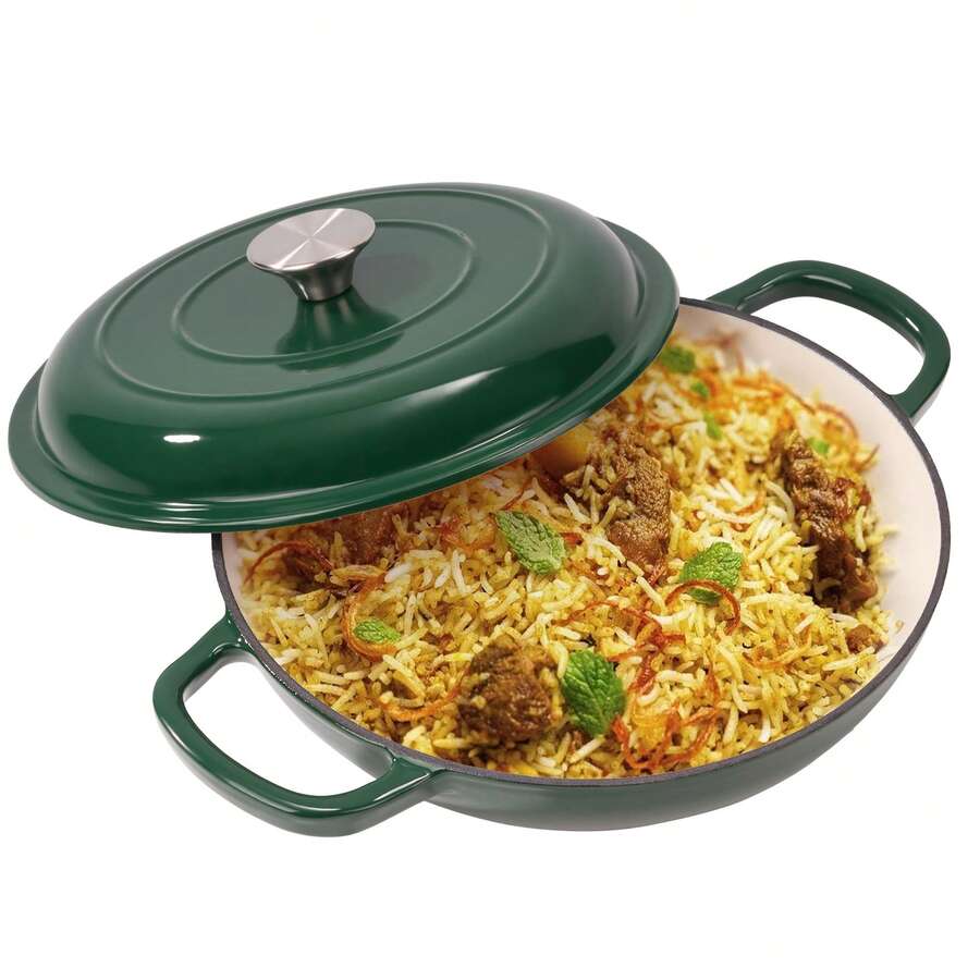 Kerilyn 3 Quart Enameled Shallow Cast Iron Dutch Oven With Lid, Dual Handles Dutch Pots For Cooking, Stewing, Heavy-Duty & Nonstick, Oven Safe Up To 500° F, Works On All Stovetops - 綠色 - 查看 1