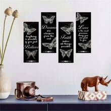 4 Pc Black Butterfly Square Wooden Wall Decor Set - Believe Dream Faith Love Symbol - Suitable For Living Room, Bedroom, Classroom, Bar, Cafe, Party Wall Hanging Decor, Holiday Gift