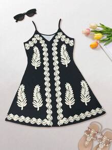 Women's Black Bohemian Floral Embroidery V-Neck Spaghetti Strap Mini Dress, Casual Sleeveless A-Line Flowy Skirt, Bohemian Summer Beach Holiday Party Dress Elegant - Black - View 3