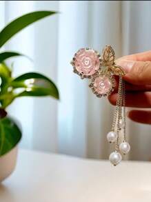 1pc Women's Elegant Red Rose Tassel Crystal Hair Claw Clip, Ideal Gift Hair Clips Hair Jaw Clip Hair Clamps Hair Clutch Hair Catcher Clip