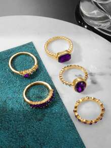 5pcs Fashion Cubic Zirconia Rings Set In Purple, Green, Black, Geometric Shapes, Suitable As Gifts For Girlfriend, Birthday, Anniversary, Holiday, Wedding, Date Party, Daily Wear