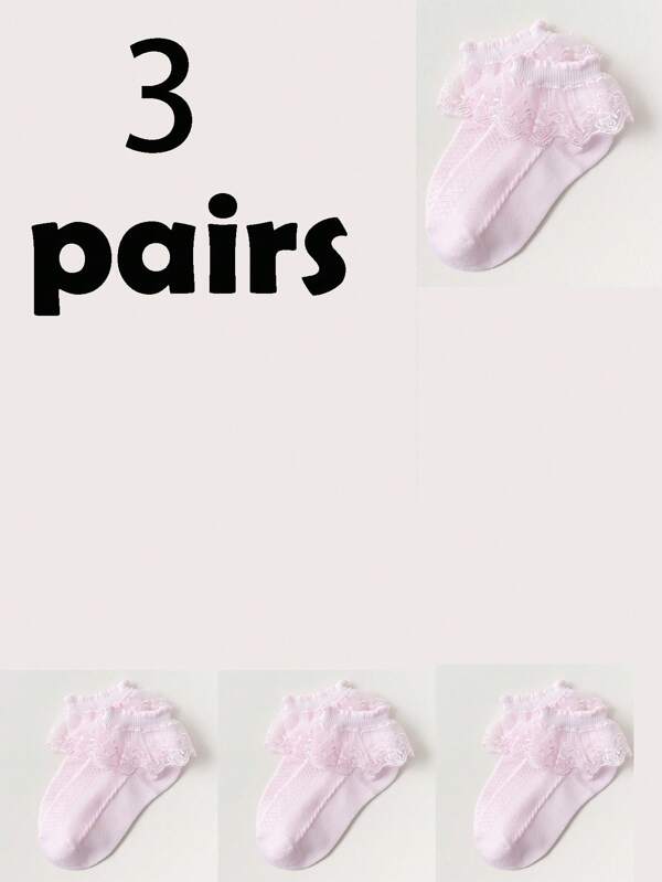 3 Pairs Kids Lace Trim Socks, Lace Edging, Suitable For Dance, Outdoor & Various Occasions, Comfortable Non-Binding Design, Fashionable & Versatile Short Socks