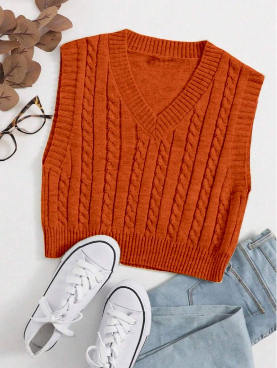V-Neck Braided Knit Sweater Vest