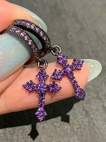 1 对哥特朋克风格十字架水晶锆石吊坠耳环，时尚嘻哈十字架耳夹耳环适合女性派对和日常佩戴 - 耳環 - 查看 11