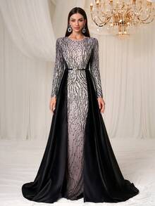 Elisanya Women's Formal Gala Evening Dress, Elegant Luxury Sequin & Satin Patchwork Long Sleeve Dress - Black - View 5