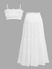 Look Polly 女士度假旅行沙滩两件套，纯色无肩带吊带上衣和长裙，女装，返校季，全白秋季套装，适合教堂、度假、音乐会、休闲居家穿着，优雅女士套装，沙滩套装，时尚服装系列 - 白色 - 查看 5