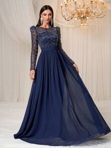 YISIKADO Elegant Chiffon Contrast Sequin Net Round Neck Puff Sleeve Prom Party Women Dresses Formal & Evenning - 藏蓝色 - 查看 4