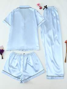 3 件套缎粉色单排扣翻领短袖上衣和长/短裤春夏季女士睡衣家居服套装，适合家居使用