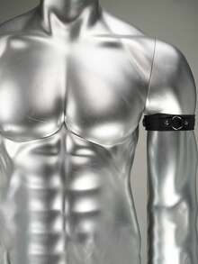 可调节男士哥特式臂章 - 街头风格黑色仿皮，铆钉细节，方形金属扣 - 派对和情人节的时尚配饰 - 黑色 - 查看 2