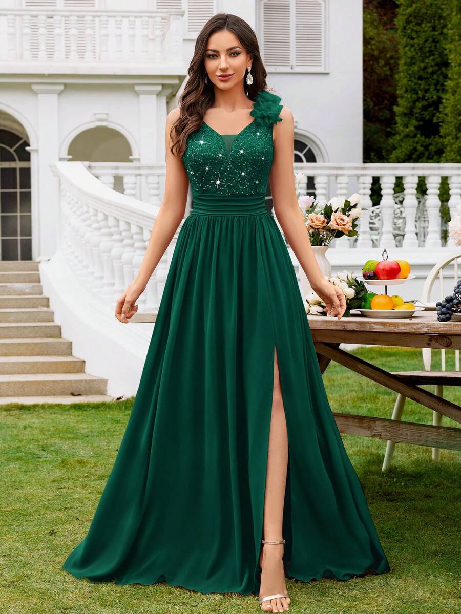 MIUSOL Elegant Women's Sequin Floral Lace Sweetheart Neck Maxi Dress, Sleeveless With Applique Shoulder, Ruched Chiffon Split Thigh Hem, For Evening Party - 墨綠色 - 查看 1
