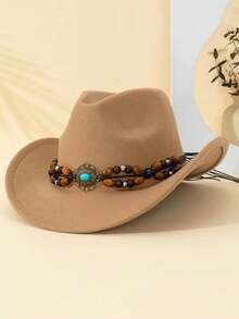 1 件西部牛仔帽，配有可拆卸蓝绿色宝石串珠饰边，涤纶毛毡翻边高顶礼帽，四季轻便男女通用时尚帽 - 适合户外活动、派对、日常穿着，编织无纺布 - 串珠寶石牛仔帽 - 查看 1