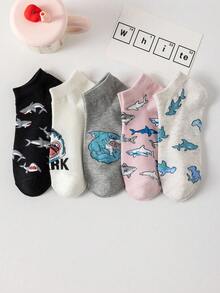 5pcs/Pack Cartoon Shark Print Breathable Short Socks, Fashionable Versatile Soft & Comfortable, Suitable For Spring, Summer, Autumn - Multicolor - View 1