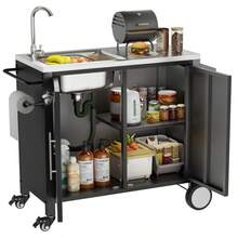 Outdoor Grill Table With Sink, Grill Cart With 304 Stainless Steel Sink And Cabinet, Outdoor Grill Cart,Outdoor Cart Sink Station With Wheels, L38" X W18" X H35"-629 - Multicolor - View 3