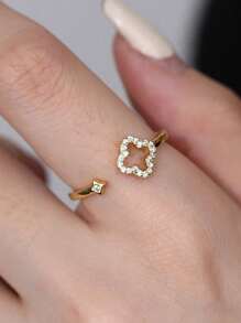 1 anel aberto elegante e exclusivo de prata esterlina com zircônia cúbica e trevo de quatro folhas, adequado como presente para mulheres e para uso diário
