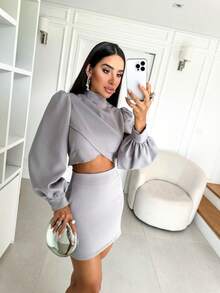 Women's Tailored Set Cropped Long Puff Sleeve And Short Skirt Elegant Party Fashion Autumn Winter - 灰色 - 查看 3