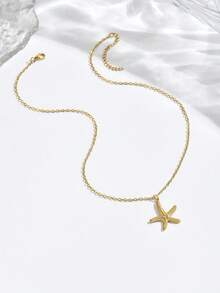 1pc Stainless Steel Boho Ocean Beach Style Faux Pearl Starfish Shell Pendant Necklace Set - Yellow Gold - View 5