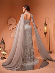 New Luxury Fashion Sequin, Sequins, Lace Splice Chiffon Flare Sleeve Crew Neck Women's Elegant Formal Evening Gown For Party, Wedding, Banquet (Size Runs Large, Customers Advised To Check Size Chart When Ordering) - Màu be - Xem 2