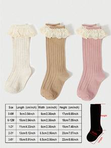 3 Pairs Kids Floral Lace Trim Solid Color Knee High Socks, Cute And Sweet For Girls' Everyday Wear, Spring/Summer - Multicolor - View 8
