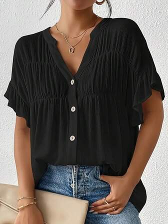 Blusa de playa con cuello en V y botones para mujer, de manga corta, top de verano casual de playa