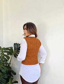 V-Neck Braided Knit Sweater Vest - Rust - View 2