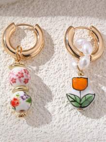 2 buc Cercei ceramici cu fluture și flori, cu mărgele, primăvară/vară, picătură de ulei cu perle artificiale, multicolori, potriviți pentru exterior, plajă, naveta, accesorii de zi cu zi