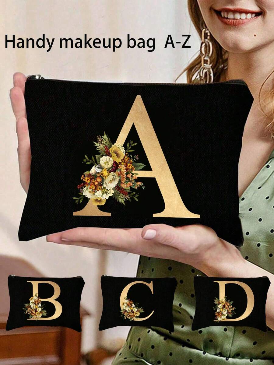 个性化花朵与金色字母印花帆布化妆包 - 款式时尚，拉链开合，可折叠，轻巧，防褪色设计 - 是送给伴娘、老师和朋友的礼物，也可用作可机洗的女士化妆包。返校旅行必备书包，适合海滩暑假旅行收纳