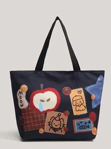 Túi tote vải canvas họa tiết quả táo màu xanh denim xanh navy, dung tích lớn, thích hợp cho sinh viên đại học/đi làm - Nhiều màu - Xem 4
