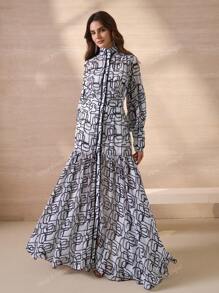 Elegant Romantic Geometric Floral Print Stand Collar Long Sleeve A-Line Dress For Women