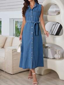 Sleeveless Button Front Denim Dress For Women With Belt - Medium Wash - View 2