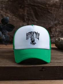 1 件男女通用字母和手势印花户外休闲可调节尺寸透气棒球网帽，卡车司机帽，适合日常佩戴