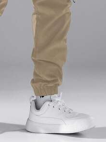 青少年男童时尚休闲抽绳腰带拉链装饰工装裤 - 卡其色 - 查看 3