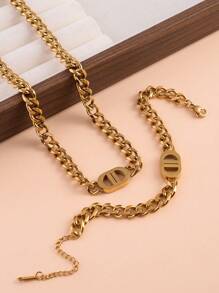 Gold Cuban Chain Geometric Charm Necklace & Bracelet Set, Hip-Hop Thick Chain Jewelry Set, Suitable Gift For Mom, Wife, Friends, Students