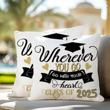 1pc Graduation Season Simple Blessing Message Printed Decorative Pillow Cover [No Pillow Insert], 17.7*17.7in(45*45cm), [Single-Sided Printing] Polyester Cushion Cover, Room Decor, Home Decor, Bedroom Decor, Room Decoration Stuff, For Sofa, Bed, Living Room, Bedroom, Car, Office, Hotel Decoration, Throw Pillow Covers For All Seasons, Perfect Gift For Family And Friends