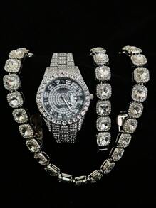 Conjunto de 3 piezas de reloj, collar y pulsera con Rhinestone, Reloj con correa de acero, calendario y caja de regalo para hombres y estudiantes, estilo hip-hop, conjunto de joyería de collar, pulsera y reloj de cumpleaños