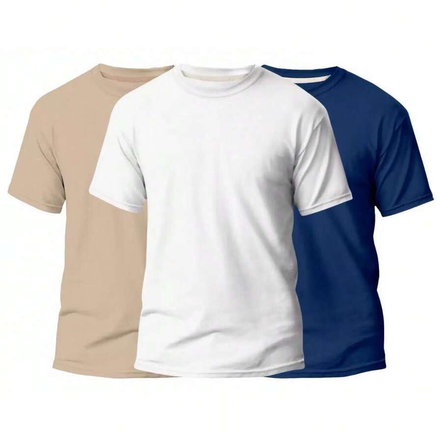 KIT 3 Basic Plain Men's T-Shirts 100% Cotton 30.1 - 米色+白色+海軍藍 - 查看 1