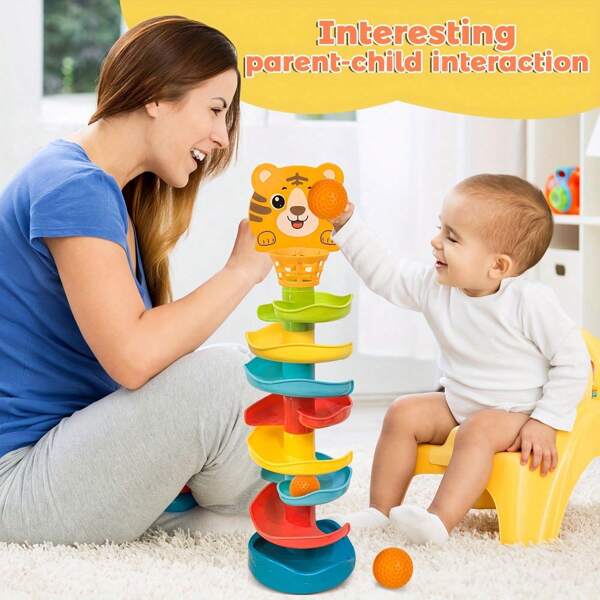 Baby And Toddler Ball-Shooting Tower With Customizable Ramp Layers, Children's Sloping Basketball Track Toy, Funny Rolling Ball Track Tower With Rotating Track, Rolling Ball Toy Interactive Early Learning Game For Babies 10 Months And Above. Random Color For Some Parts.