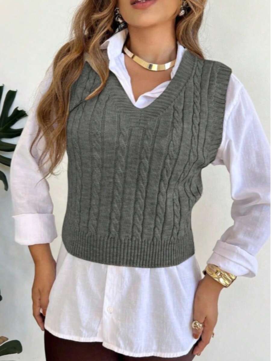 V-Neck Braided Knit Sweater Vest - Dark Grey - View 1