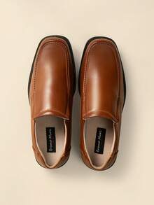 Men's Black Slip On Leathers Lined Square Toe Dress Loafers Shoes For Casual Weekend Formal Work - Brown - View 1