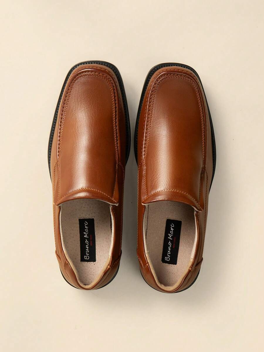 Men's Black Slip On Leathers Lined Square Toe Dress Loafers Shoes For Casual Weekend Formal Work - Brown - View 1