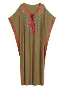 Women's Elegant Embroidered Dress Plus Size Bohemian Batwing Sleeves Dubai Abaya Casual Holiday Dresses Outfits