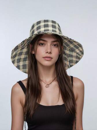 1 件女士格纹宽边渔夫帽 UPF50+ 防紫外线可折叠轻便沙滩遮阳帽适合女性钓鱼登山度假