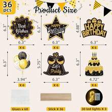 Happy Birthday Table Decorations, 36 PCS Black And Gold Table Decorations With LED String Lights, Happy Birthday Centerpieces Sticks Men Women, Party Supplies - 1 - View 1