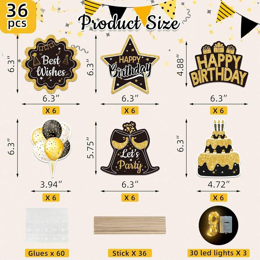 Happy Birthday Table Decorations, 36 PCS Black And Gold Table Decorations With LED String Lights, Happy Birthday Centerpieces Sticks Men Women, Party Supplies - 1 - View 1