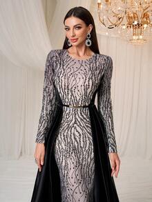 Elisanya Women's Formal Gala Evening Dress, Elegant Luxury Sequin & Satin Patchwork Long Sleeve Dress - Black - View 7
